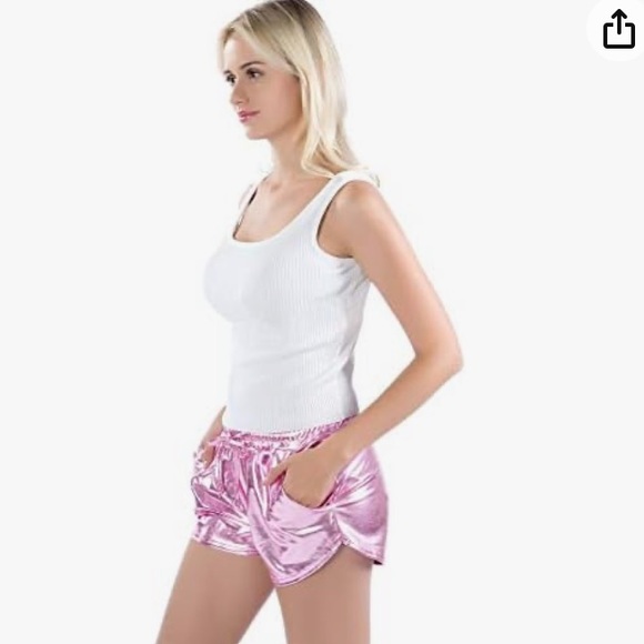 🌞QuiMi Lover High Waisted Pink Metallic Barbiecore Running Shorts - Picture 1 of 12